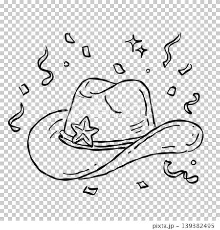 Western cowboy hat with confetti clipart rodeo party celebration rustic wild west accessory country birthday theme line art cute festive illustration Western cowboy hat with confetti clipart rodeo party celebration rustic wild west accessory country birthday theme line art cute festive illustration 139382495