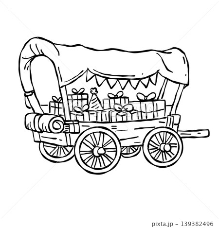 Western covered wagon with gifts clipart cowboy birthday party illustration rustic wild west cart with presents doodle country celebration line art Western covered wagon with gifts clipart cowboy birthday party illustration rustic wild west cart with presents doodle country celebration line art 139382496