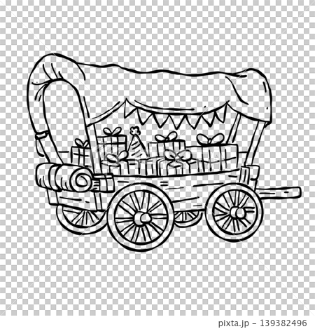 Western covered wagon with gifts clipart cowboy birthday party illustration rustic wild west cart with presents doodle country celebration line art Western covered wagon with gifts clipart cowboy birthday party illustration rustic wild west cart with presents doodle country celebration line art 139382496
