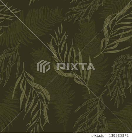 Fern and palm leaf outline vector seamless pattern on dark. Tropical lush foliage hand drawn for textile background. Botanical nature design with organic shapes and repetitive floral greenery layout. 139383371