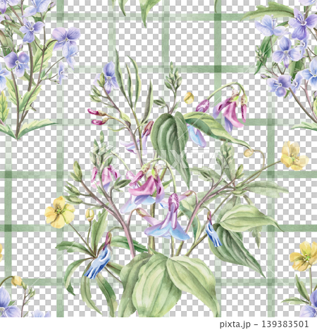 A watercolor seamless pattern with delicate lilac and yellow flowers on a green checkered background. The illustration is suitable for floral design, textiles, home decor, and children's products. 139383501