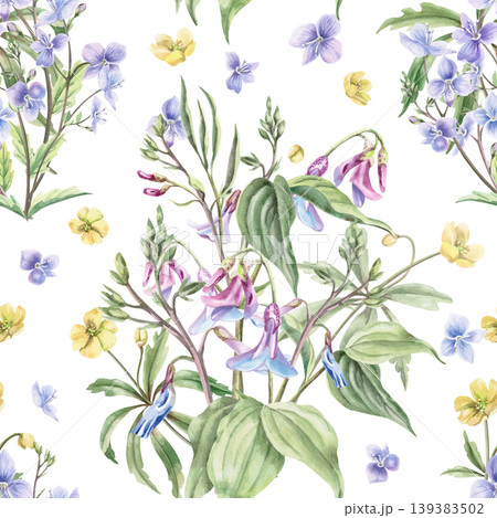 A watercolor seamless pattern with delicate lilac and yellow flowers. This illustration is perfect for floral, textile, home, and children's design. A watercolor seamless pattern with delicate lilac and yellow flowers. This illustration is perfect for floral, textile, home, and children's design. 139383502