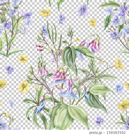 A watercolor seamless pattern with delicate lilac and yellow flowers. This illustration is perfect for floral, textile, home, and children's design. 139383502