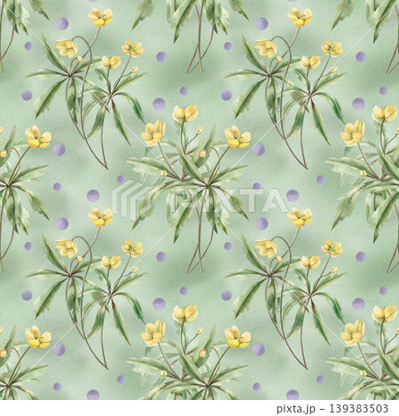 Watercolor pattern with yellow flowers, complemented by purple circles on a pastel green background. The illustration is suitable for design in the field of fashion, children's goods, weddings, Watercolor pattern with yellow flowers, complemented by purple circles on a pastel green background. The illustration is suitable for design in the field of fashion, children's goods, weddings, 139383503