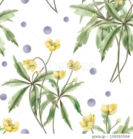 A delicate watercolor pattern with yellow forest flowers, complemented by purple circles. The illustration is suitable for design in the fields of fashion, children's goods, weddings, and botany. A delicate watercolor pattern with yellow forest flowers, complemented by purple circles. The illustration is suitable for design in the fields of fashion, children's goods, weddings, and botany. 139383504