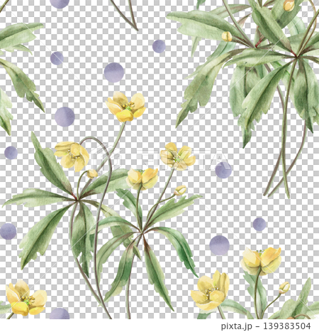 A delicate watercolor pattern with yellow forest flowers, complemented by purple circles. The illustration is suitable for design in the fields of fashion, children's goods, weddings, and botany. A delicate watercolor pattern with yellow forest flowers, complemented by purple circles. The illustration is suitable for design in the fields of fashion, children's goods, weddings, and botany. 139383504