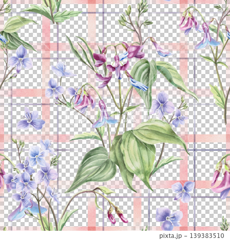 A delicate watercolor pattern with forest flowers on a pink checkered background. Creates a light, airy mood. Suitable for children's products, holiday decor, packaging, and interior design. A delicate watercolor pattern with forest flowers on a pink checkered background. Creates a light, airy mood. Suitable for children's products, holiday decor, packaging, and interior design. 139383510