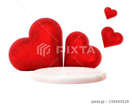 This cut out features a podium designed for Valentine's Day. It shows three red hearts placed around a flat surface. The hearts vary in size and create a festive look for decorations 139383529