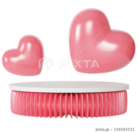 A 3D render shows a podium with a round base in pink color. Two hearts float above the podium. This design fits various romantic themes and events for Valentine's Day 139383531