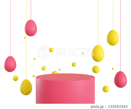A 3D render shows a pink podium with yellow and pink hanging eggs. Colorful spheres surround the podium, creating a festive atmosphere for Easter festivities 139383563