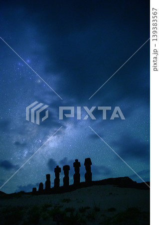 Serene easter island chile moai silhouette against majestic starry night sky Serene easter island chile moai silhouette against majestic starry night sky 139383567