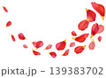 Red tulip petals with yellow tips arranged in a flowing diagonal composition. Hand-drawn botanical watercolor illustration on white background. Ideal for borders, invitations, packaging, stationery 139383702