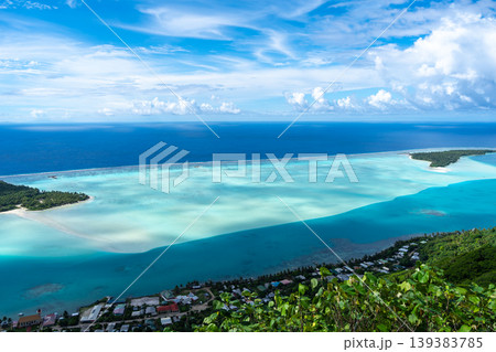 Panoramic view of Maupiti island and lagoon from Mount Teurafaatiu, French Polynesia Panoramic view of Maupiti island and lagoon from Mount Teurafaatiu, French Polynesia 139383785