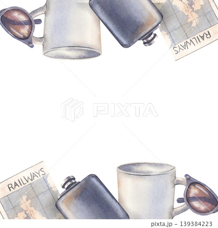 Hand-painted watercolor illustration, frame with railway map, white mug, flask, sunglasses isolated on white for lifestyle, retro travel, branding, advertising, design, posters, websites, packaging Hand-painted watercolor illustration, frame with railway map, white mug, flask, sunglasses isolated on white for lifestyle, retro travel, branding, advertising, design, posters, websites, packaging 139384223