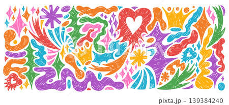 Geometric abstract funky crayon shapes set. Star shape and chalk abstract arrow with crown. Pastel organic heart and trendy form scribble with doodle. Naive vector geometric illustration isolated Geometric abstract funky crayon shapes set. Star shape and chalk abstract arrow with crown. Pastel organic heart and trendy form scribble with doodle. Naive vector geometric illustration isolated 139384240