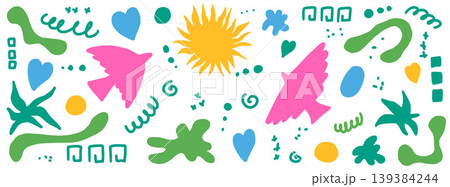 Flat sticker bird and sun cutout set for folk scrapbook and collage. Naive bird shapes, hearts and bright paper blobs in multicolor. Vector folk cutout set with flat naive sticker elements isolated 139384244