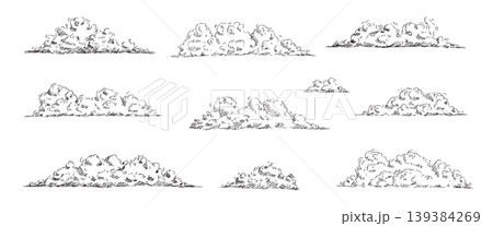 Sketch illustration of clouds with vintage pen lines. Hand-drawn sky elements with retro hatching. Windy cloud pen drawing. Vector doodles for artistic design projects and nature-themed graphics 139384269