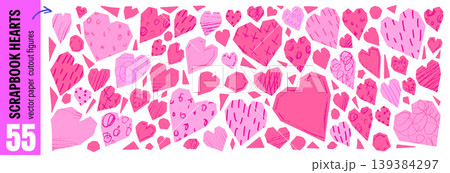 Heart collage with paper pink scrapbook and sticker shape as icon cutout graphic. Bold pink hearts torn from craft paper as doodle note. Vector valentine sign pack with scribble texture isolated Heart collage with paper pink scrapbook and sticker shape as icon cutout graphic. Bold pink hearts torn from craft paper as doodle note. Vector valentine sign pack with scribble texture isolated 139384297