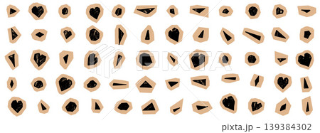 Paper cutout for gift wrap packaging and planner decoration with crayon shape. Beige collage scrapbook sticker and triangle hearts as romantic graphic accent. Vector paper cutout pack isolated 139384302