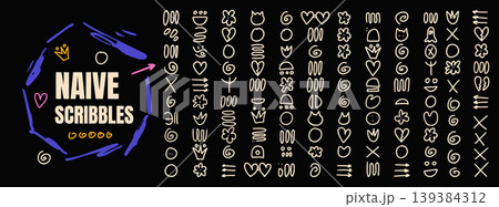 Scribble shape with kid symbol set in fun naive sketch on dark background. Childish scribble forms and vector doodle elements for creative decor. Hearts shape with whimsical crowns and arrow isolated Scribble shape with kid symbol set in fun naive sketch on dark background. Childish scribble forms and vector doodle elements for creative decor. Hearts shape with whimsical crowns and arrow isolated 139384312