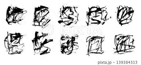Grunge square ink spots backgrounds set. Dynamic swatches with texture abstract brush. Black backdrop design figures, gritty patterns, energetic splashes for posters. Vector templates decor no bg Grunge square ink spots backgrounds set. Dynamic swatches with texture abstract brush. Black backdrop design figures, gritty patterns, energetic splashes for posters. Vector templates decor no bg 139384313