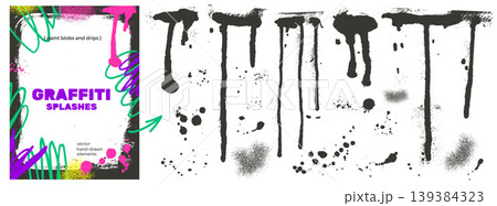 Spray paint drip and splash elements for school and street art design. Black ink spray with blob silhouettes, splatter drips and grunge dots. Hand drawn vector set of raw stains and streaks Spray paint drip and splash elements for school and street art design. Black ink spray with blob silhouettes, splatter drips and grunge dots. Hand drawn vector set of raw stains and streaks 139384323