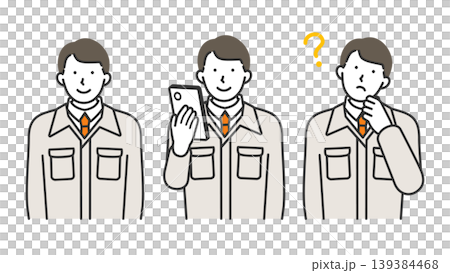 スマホを操作する作業服の男性・現場スタッフの表情セット・線画イラスト スマホを操作する作業服の男性・現場スタッフの表情セット・線画イラスト 139384468