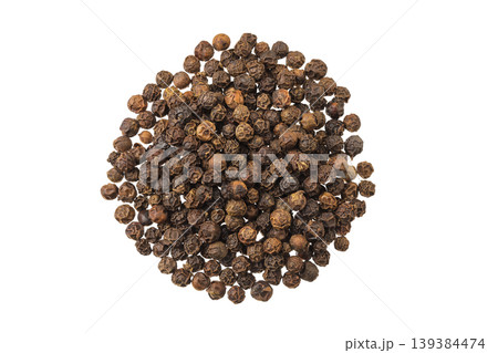 Black peppercorns or pepper isolated on a white background. Top view. Flat lay Black peppercorns or pepper isolated on a white background. Top view. Flat lay 139384474