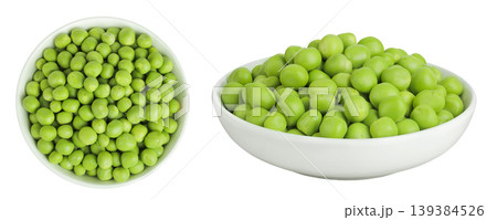 Fresh green peas in ceramic bowl isolated on white background. Top view. Flat lay 139384526