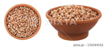Boiled buckwheat in a ceramic bowl isolated on white background. Top view. Flat lay Boiled buckwheat in a ceramic bowl isolated on white background. Top view. Flat lay 139384582