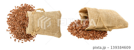 flaxseed in a bag isolated on white background. Top view. Flat lay flaxseed in a bag isolated on white background. Top view. Flat lay 139384609
