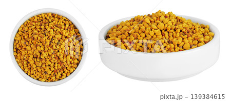 Bee pollen grains in ceramic bowl isolated on white background. Top view. Flat lay Bee pollen grains in ceramic bowl isolated on white background. Top view. Flat lay 139384615