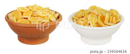 Cornflakes in ceramic bowl isolated on white background. 139384616