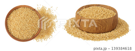 Amaranth grain seeds in wooden bowl isolated on white background. Top view. Flat lay Amaranth grain seeds in wooden bowl isolated on white background. Top view. Flat lay 139384618