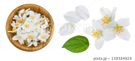 Jasmine flowers in wooden bowl isolated on white background with full depth of field. Top view. Flat lay 139384929