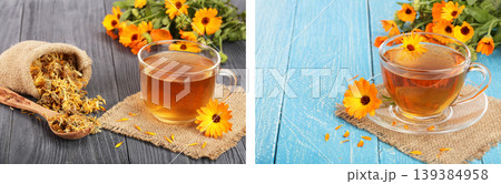 Calendula tea with fresh and dried flowers on black and blue wooden background Calendula tea with fresh and dried flowers on black and blue wooden background 139384958