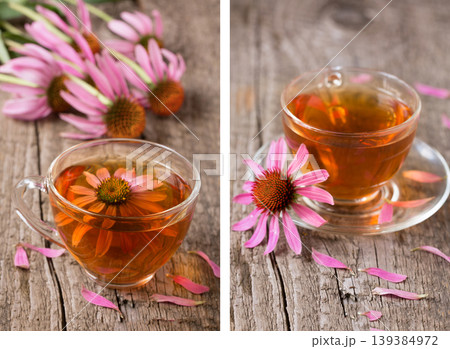 Cup of echinacea tea on old wooden table 139384972