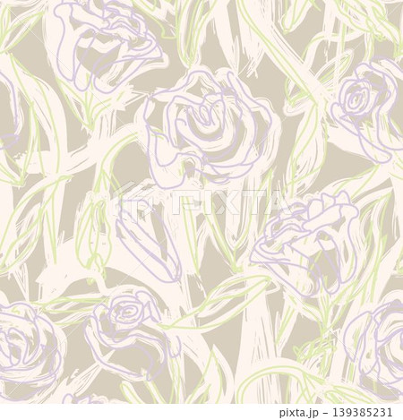 Floral Pattern Design With Abstract Roses And Leaves In Pastel Lavender, Green, And Beige Brushstrokes For Textile And Surface Design 139385231