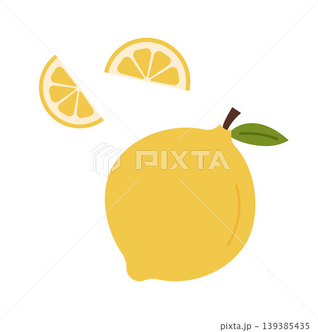 Yellow lemon with a green leaf and two slices, one partially cut, on a clean white background Yellow lemon with a green leaf and two slices, one partially cut, on a clean white background 139385435