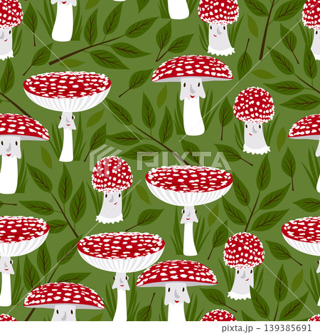 Vector seamless pattern with fly agarics in the forest 139385691