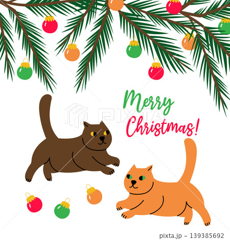 Vector Christmas illustration with funny cats under the Christmas tree playing with Christmas balls 139385692