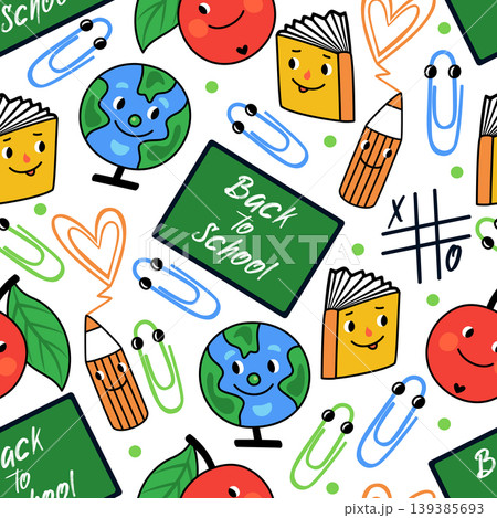 Vector seamless pattern Back to school with funny elements Globe, book, apple, pencil and paper clips 139385693
