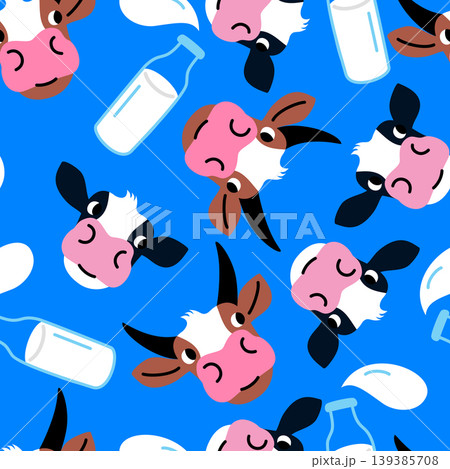 Vector seamless pattern with funny cows and milk bottles Vector seamless pattern with funny cows and milk bottles 139385708