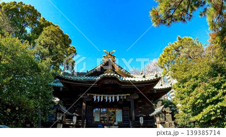 東京、荏原神社の拝殿と青空 品川区の名所 東京、荏原神社の拝殿と青空 品川区の名所 139385714