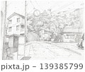 Quiet Japanese suburban street with bus stop and stone stairs pencil sketch Quiet Japanese suburban street with bus stop and stone stairs pencil sketch 139385799