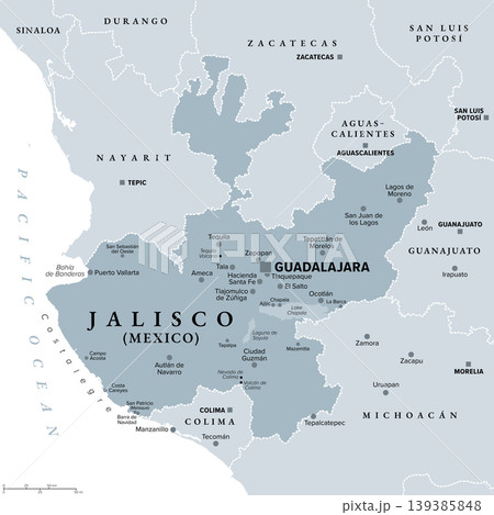 Jalisco, a state in Mexico, gray political map, with its capital Guadalajara, largest cities, and Costalegre, a coastal strip on the Pacific Ocean, between Puerto Vallarta and Manzanillo. Vector Jalisco, a state in Mexico, gray political map, with its capital Guadalajara, largest cities, and Costalegre, a coastal strip on the Pacific Ocean, between Puerto Vallarta and Manzanillo. Vector 139385848