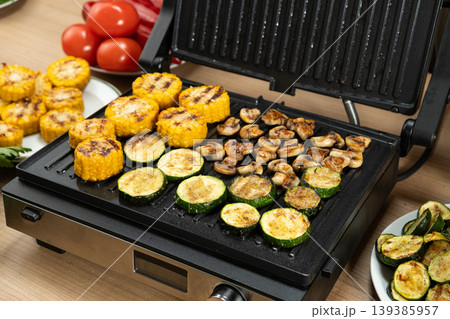 Assorted Grilled Vegetables and Mushrooms on Electric Contact Grill Assorted Grilled Vegetables and Mushrooms on Electric Contact Grill 139385957