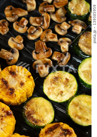 Vegetarian BBQ. Medley of Grilling Zucchini, Corn Rounds, and Mushrooms Vegetarian BBQ. Medley of Grilling Zucchini, Corn Rounds, and Mushrooms 139385959