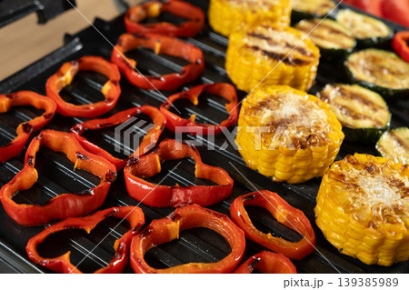 Close up of vegetarian BBQ with assorted roasted vegetables Close up of vegetarian BBQ with assorted roasted vegetables 139385989