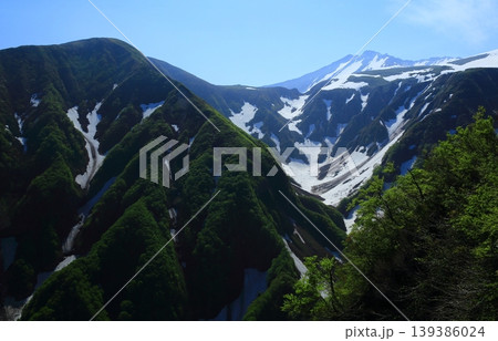 初夏の青い川と残雪の鳥海山の風景 初夏の青い川と残雪の鳥海山の風景 139386024